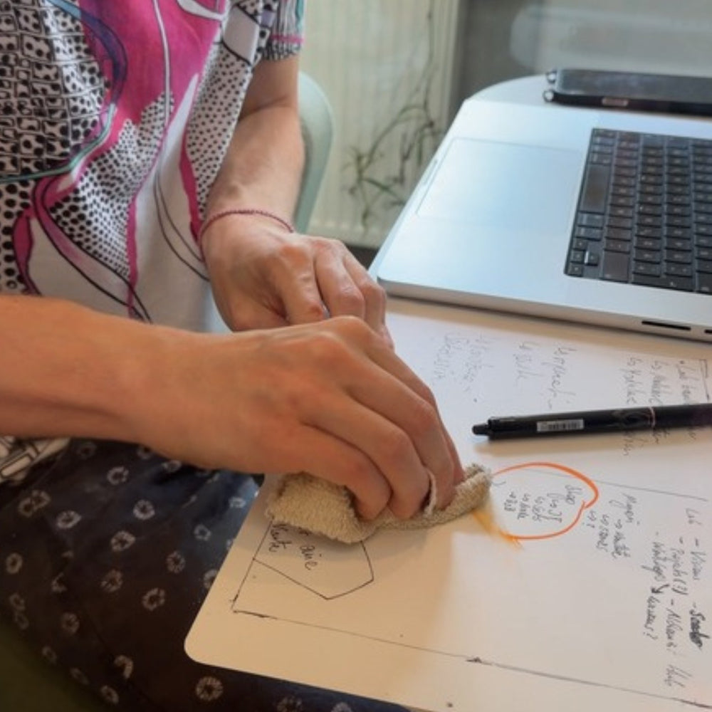 Hand schreibt mit Marker auf einer großen Mindmap aus Steinpapier