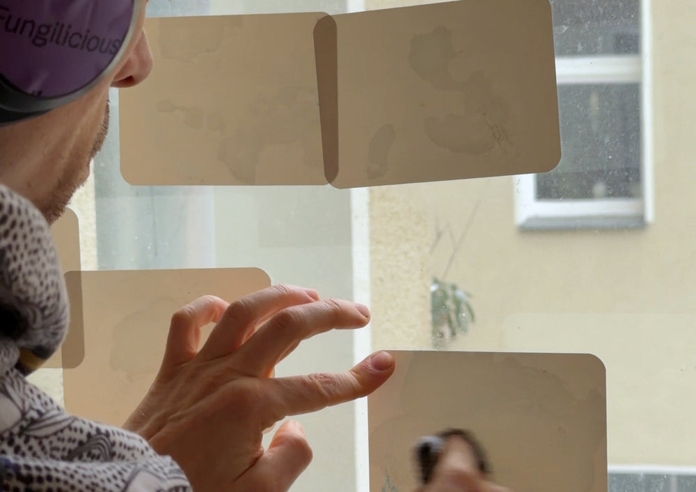 Hand moving stone paper cards on a window pane.