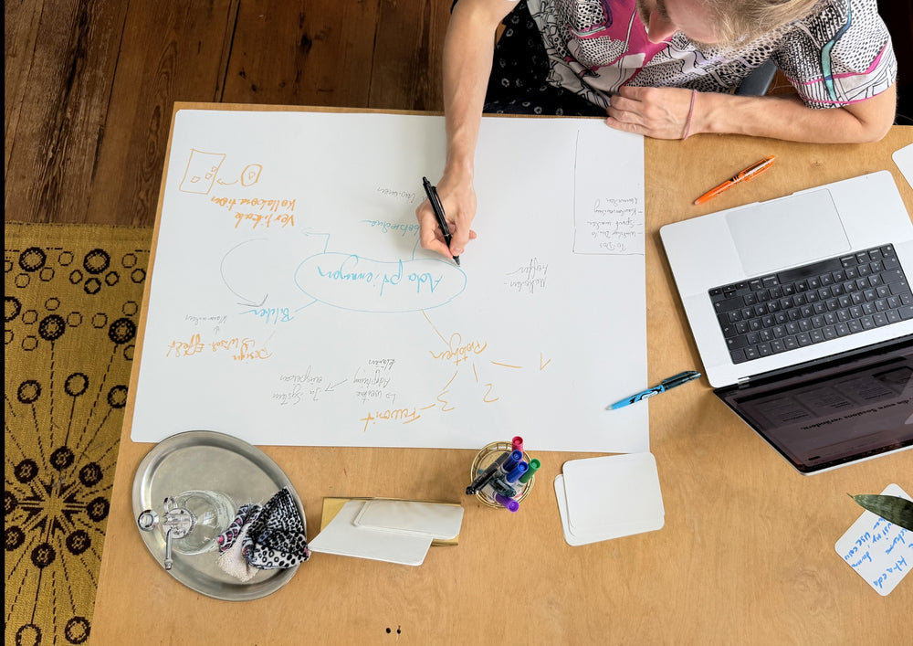 View from above of a large sheet with a colourfully written structure, laptop and cup beside it.