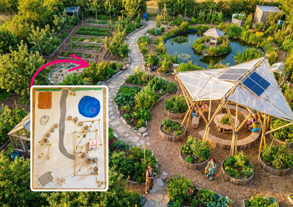 Picture of a fully grown garden with a pavilion, with the photo of the built model landscape inset beside it.