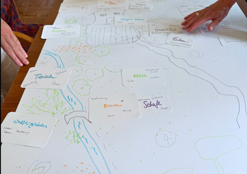 Hands arranging written cards on a drawn landscape map.