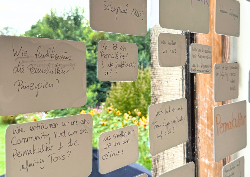Written cards clinging to a pane of glass, greenery and a wooden post behind it.