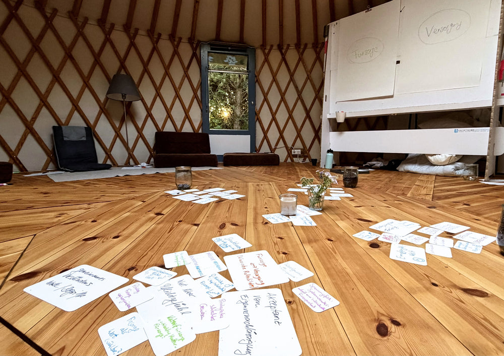 Written cards lying on the wooden floor of a yurt, a cardboard partition behind them.