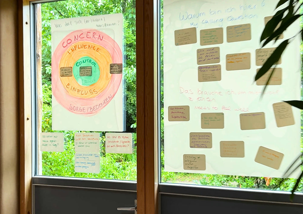 A round written poster and many cards side by side on a glass front.