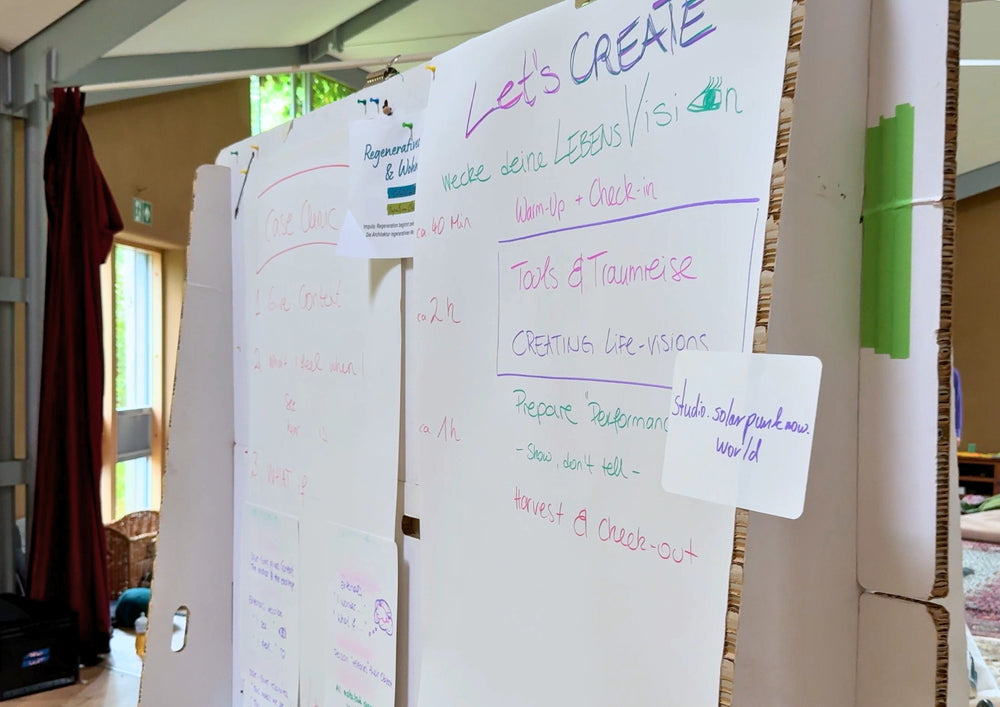 Large written sheets hanging on two partition walls in a seminar room.