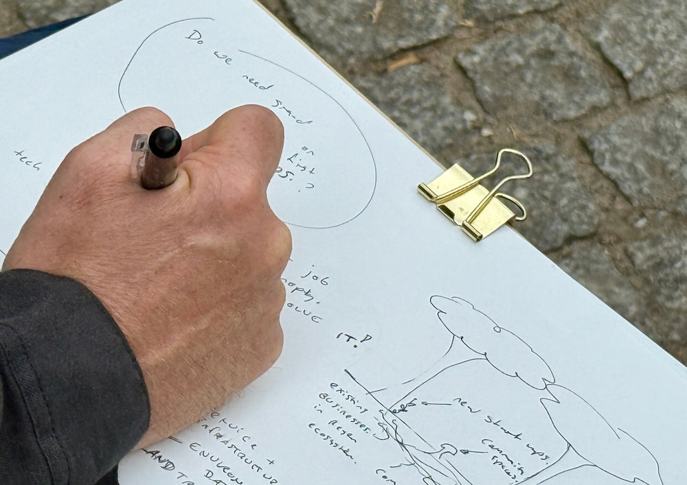 Hand writing on a sheet on a clipboard, a golden clip holds it at the top.