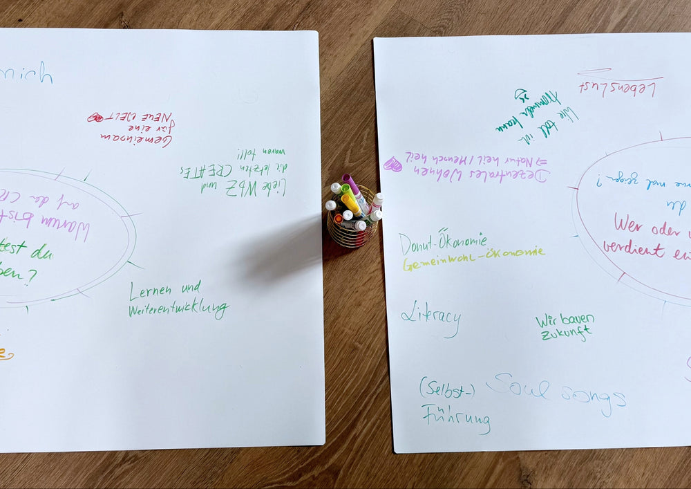Two written sheets lying side by side, a tin of felt tip pens between them.