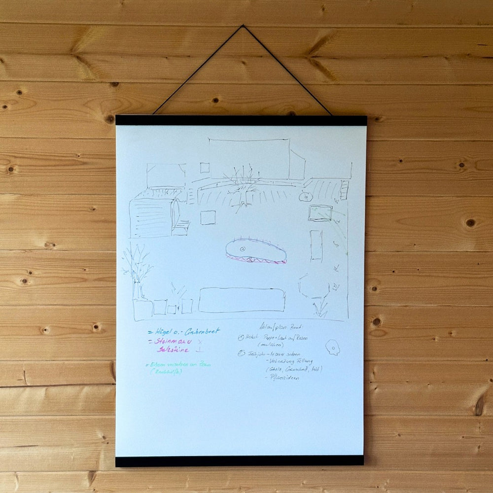 Board with a drawn plan hanging from a poster rail on a wooden wall.