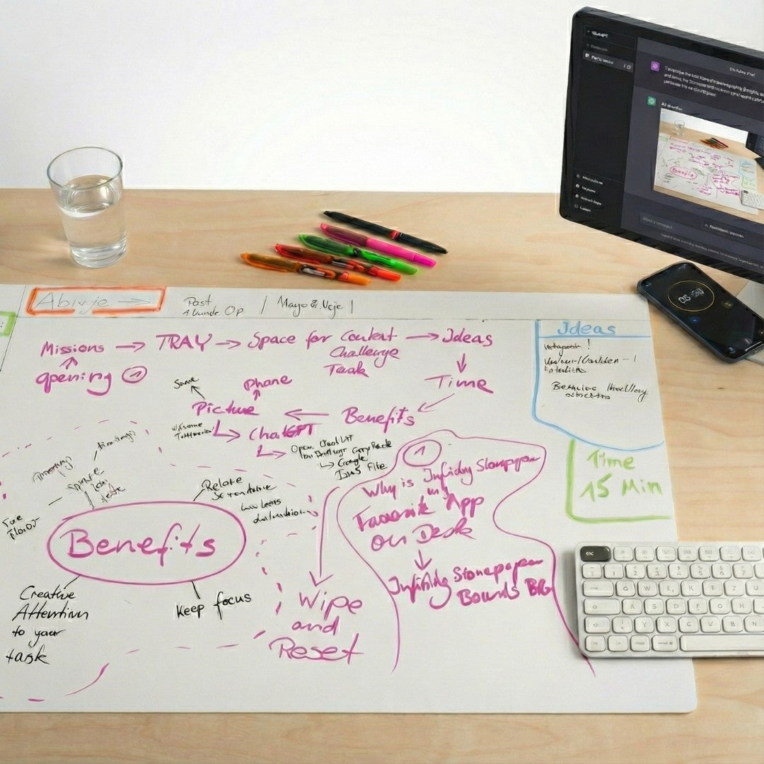 Schreibtisch mit Infinity Stonepaper Board als Unterlage, dazu Minis, Notes und Cards, im Hintergrund eine beschriebene Scheibe