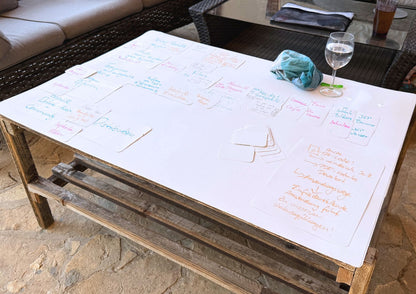 Board XXL liegend auf dem Tisch im Freien, beschriftet mit Karten