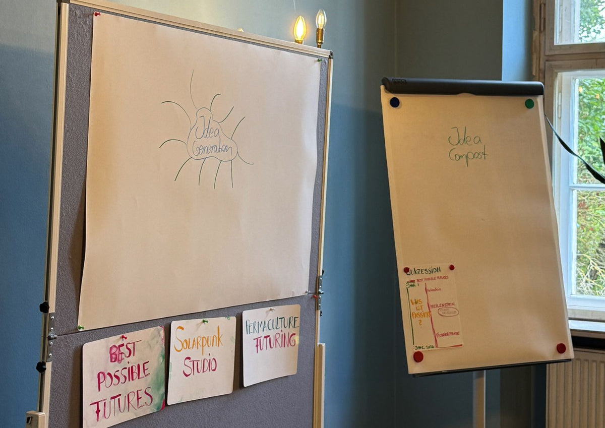 Board XXL als Pinnwand, dazu zwei Flipcharts im Seminarraum
